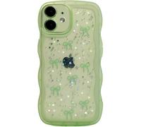 Qokey for iPhone 12 Mini Case 5.4", Glitter Star & Curved Edge Handle Grip Design, Military-Grade Shockproof Clear TPU Cover, Sparkle Protection Scratch-Resistant, Holographic Sage Green Bow