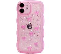 Qokey for iPhone 12 Mini Case 5.4", Glitter Star & Curved Edge Handle Grip Design, Military-Grade Shockproof Clear TPU Cover, Sparkle Protection Scratch-Resistant, Holographic Rose Pink Bow