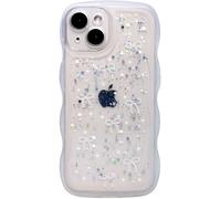 Qokey for iPhone 13 Mini Case 5.4 inch- Glitter Star & Curved Edge Handle Grip Design, Military-Grade Shockproof TPU Cover, Sparkle Protection Scratch-Resistant, Holographic Clear Bow