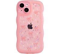 Qokey for iPhone 13 Mini Case 5.4 inch- Glitter Star & Curved Edge Handle Grip Design, Military-Grade Shockproof Clear TPU Cover, Sparkle Protection Scratch-Resistant, Holographic Pink Bow