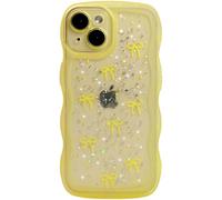 Qokey for iPhone 14 Case 6.1", Glitter Star & Curved Edge Handle Grip Design, Military-Grade Shockproof Clear TPU Cover, Sparkle Protection Scratch-Resistant, Holographic Lemon Yellow Bow