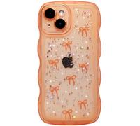 Qokey for iPhone 15 Case 6.1", Glitter Star & Curved Edge Handle Grip Design, Military-Grade Shockproof Clear TPU Cover, Sparkle Protection Scratch-Resistant, Holographic Cosmic Orange Bow