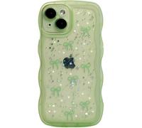Qokey for iPhone 15 Case 6.1", Glitter Star & Curved Edge Handle Grip Design, Military-Grade Shockproof Clear TPU Cover, Sparkle Protection Scratch-Resistant, Holographic Sage Green Bow