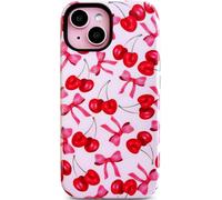 Qokey for iPhone 15 Case, Floral Hybrid Protective Cover with 2-Layer Design, Hard Blossom Textured Shell + Soft Black Silicone Shockproof, Durable, Scratch-Resistant - Red Cherry Bows