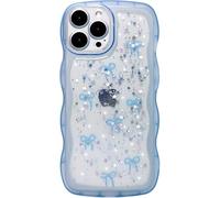 Qokey for iPhone 16 Pro Case 6.3 inch, Glitter Star & Curved Edge Handle Grip Design, Military-Grade Shockproof Clear TPU Cover, Sparkle Protection Scratch-Resistant, Holographic Blue Bow