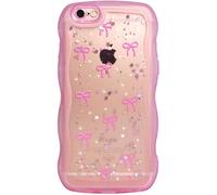 Qokey for iPhone 6/6S Case, Glitter Star & Curved Edge Handle Grip Design, Military-Grade Shockproof Clear TPU Cover, Sparkle Protection Scratch-Resistant, Holographic Rose Pink Bow