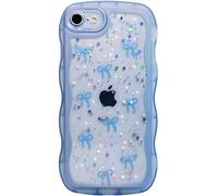 Qokey for iPhone 6/6S Case, Glitter Star & Curved Edge Handle Grip Design, Military-Grade Shockproof Clear TPU Cover, Sparkle Protection Scratch-Resistant, Holographic Blue Bow