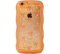 Qokey for iPhone 6/6S Case, Glitter Star & Curved Edge Handle Grip Design, Military-Grade Shockproof Clear TPU Cover, Sparkle Protection Scratch-Resistant, Holographic Cosmic Orange Bow