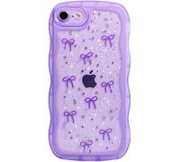 Qokey for iPhone 6/6S Case, Glitter Star & Curved Edge Handle Grip Design, Military-Grade Shockproof Clear TPU Cover, Sparkle Protection Scratch-Resistant, Holographic Purple Bow