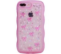 Qokey for iPhone 8 Plus & 7 Plus Case, Glitter Star & Curved Edge Handle Grip Design, Military-Grade Shockproof Clear TPU Cover, Sparkle Protection Scratch-Resistant, Holographic Rose Pink Bow