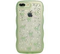 Qokey for iPhone 8 Plus & 7 Plus Case, Glitter Star & Curved Edge Handle Grip Design, Military-Grade Shockproof Clear TPU Cover, Sparkle Protection Scratch-Resistant, Holographic Sage Green Bow