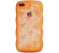 Qokey for iPhone 8 Plus & 7 Plus Case, Glitter Star & Curved Edge Handle Grip Design, Military-Grade Shockproof Clear TPU Cover, Sparkle Protection Scratch-Resistant, Holographic Cosmic Orange Bow