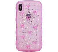 Qokey for iPhone X/Xs Case, Glitter Star & Curved Edge Handle Grip Design, Military-Grade Shockproof Clear TPU Cover, Sparkle Protection Scratch-Resistant, Holographic Rose Pink Bow