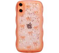 Qokey for iPhone X/Xs Case, Glitter Star & Curved Edge Handle Grip Design, Military-Grade Shockproof Clear TPU Cover, Sparkle Protection Scratch-Resistant, Holographic Cosmic Orange Bow
