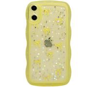 Qokey for iPhone X/Xs Case, Glitter Star & Curved Edge Handle Grip Design, Military-Grade Shockproof Clear TPU Cover, Sparkle Protection Scratch-Resistant, Holographic Lemon Yellow Bow