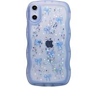 Qokey for iPhone X/Xs Case, Glitter Star & Curved Edge Handle Grip Design, Military-Grade Shockproof Clear TPU Cover, Sparkle Protection Scratch-Resistant, Holographic Blue Bow