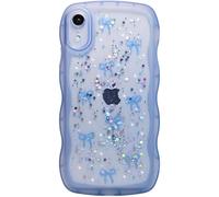Qokey for iPhone XR Case, Glitter Star & Curved Edge Handle Grip Design, Military-Grade Shockproof Clear TPU Cover, Sparkle Protection Scratch-Resistant, Holographic Blue Bow