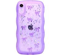 Qokey for iPhone XR Case, Glitter Star & Curved Edge Handle Grip Design, Military-Grade Shockproof Clear TPU Cover, Sparkle Protection Scratch-Resistant, Holographic Purple Bow