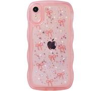 Qokey for iPhone XR Case, Glitter Star & Curved Edge Handle Grip Design, Military-Grade Shockproof Clear TPU Cover, Sparkle Protection Scratch-Resistant, Holographic Pink Bow