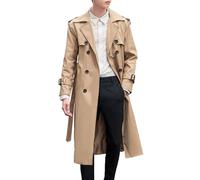 Qolkmuiy-GJ Man's Lapel Long Jacket Overcoat Casual Double Breasted Trench Coat Solid Color Belt Long Windbreaker, Khaki, 9X-Large