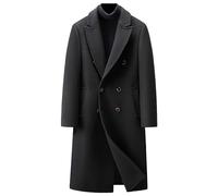 Qolkmuiy-GJ Men's 2 Breasted Pocket Long Pea Coats Winter Coat Wool Blend Trench Casual Warm Knee Length Woolen Overcoat, Black, Medium