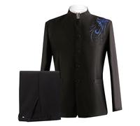 Qolkmuiy-GJ Men's 2 Pieces Chinese Tunic Suits Mandarin Collar Formal Jacket Blazer Traditional Uniform Groom Dress (Large,Black 4)