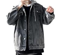 Qolkmuiy-GJ Mens Fashion Hooded Casual Jean Jackets Turn Down Collar Denim Coats Fake 2 Pieces Cowboy Trucker Jacket, Grey, 5XL