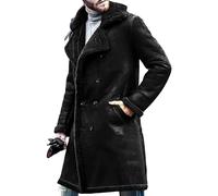 Qolkmuiy-GJ Men's Fuzzy Faux Fur Lapel Long Trench Winter Suede Leather Long Jackets Thermal Heavyweight Parkas Outwear, Black, X-Large