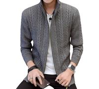 Qolkmuiy-GJ Men's Stand Collar Full Zip Sweater Zipper Knit Open Front Cardigans Ribbed Knitted Winter Chunky Pullover, Grey 2, 3XL
