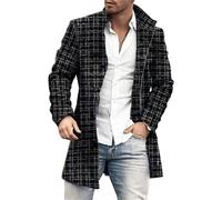 Qolkmuiy-GJ Mens Wool Plaid Trench Coat Casual Wool Blend Color Block Overcoat Single Breasted Slim Jacket Overcoats (Black 1,XX-Large)