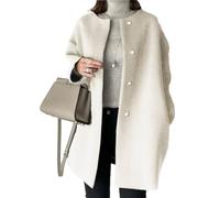 Qolkmuiy-GJ Women's Collarless Single Breasted Coat Round Neck Midi Long Woolen Outwear Warm Solid Color Wool Simple Overcoat (Beige,XXL)