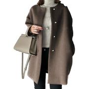 Qolkmuiy-GJ Women's Collarless Single Breasted Coat Round Neck Midi Long Woolen Outwear Warm Solid Color Wool Simple Overcoat (Khaki,XL)