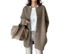 Qolkmuiy-GJ Women's Collarless Single Breasted Coat Warm Solid Color Wool Simple Overcoat Round Neck Midi Long Woolen Outwear (Coffee,L)