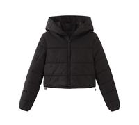 Qolkmuiy-GJ Women's Cozy Puffer Down Jacket Hoodies Padded Quilted Zip Up Short Coat Solid Color Warm Hooded Cropped Outwear (Black,M)