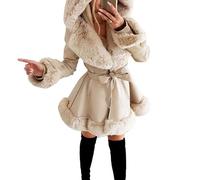 Qolkmuiy-GJ Women's Faux Leather Hooded Coat Warm Hoodies Fur Trim Jacket With Belt Winter Thick Trench Ruffled Hood Coats (Beige,M)