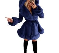 Qolkmuiy-GJ Women's Faux Leather Hooded Coat Warm Hoodies Fur Trim Jacket With Belt Winter Thick Trench Ruffled Hood Coats (Blue,L)
