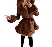 Qolkmuiy-GJ Women's Faux Leather Hooded Coat Warm Hoodies Fur Trim Jacket With Belt Winter Thick Trench Ruffled Hood Coats (Brown,L)
