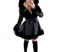 Qolkmuiy-GJ Women's Faux Leather Hooded Coat Warm Hoodies Fur Trim Jacket With Belt Winter Thick Trench Ruffled Hood Coats (Black,S)