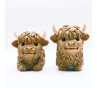 Qomamount Highland Cow Decor,2Pcs Cute Scottish Highland Cow Gifts,Standing Sitting Poses Resin Figurine for Shelf Garden Table Home Decor Calf for Highland Cow Lovers(Light Brown)