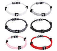 Qoncosy 6 Pack WWJD Bracelets for Men, Adjustable Braided Rope Christian Bracelets with Cross Charm, Mens Cross Bracelet Set in Black White Gray Pink Red, Religious Gifts for Him, 5.51-10.23 Inch