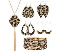 Qoncosy 6 Piece Leopard Accessories for Women, 4 Pairs Cheetah Print Drop Earrings, 1 Fringe Necklace, 1 Leather Bracelet, Animal Print Jewelry Set, Boho Chic Style, Party Costume Gift