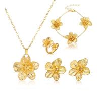 Qoncosy Gold Flower Jewelry Set for Women, 3 Piece Floral Earrings Necklace and Bracelet, Dainty Gold Flower Necklace, Boho Statement Flower Earrings for Women, Floral Jewelry Gifts