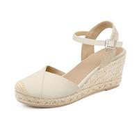 Qonetic - Women's Closed Toe Platform Sandals Summer Buckle Ankle Strap Wedge Sandals, Nature, 25.0 cm