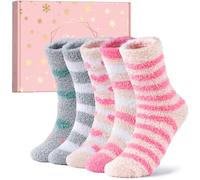 QonLou Fluffy Socks for Women 5 Pairs - Bed Socks Size 4-7 with Box, Warm Soft & Cosy Winter Fuzzy Gift for Women