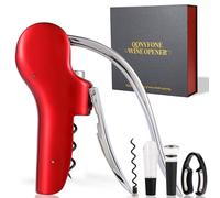 QONYFONE Wine Bottle Corkscrew Opener, Vertical Lever Corkscrew 5-Piece Set, Manual Vertical Design, Includes Wine Foil Cutter, Extra Spiral, Wine Pourer and Wine Stopper, Elegant Gift Box, Red