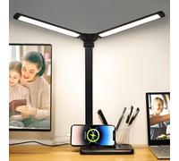 Qooltek Dual Swing Arm LED Desk Lamp with USB Charging Port, 5 Color Modes Dimmable Table Lamp with Pen Holder, Touch Control Desk Light for Home Office, Black