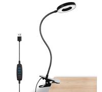 Qooltek LED Bedside Lamp, 3 Colours 10 Brightnesses, 8 Watt USB Reading Lamp with Flexible Arm, Clip Lamp for Office, Reading, Study (Black).