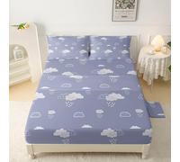 QOOMO Cartoon Cloud Kids Sheet Set Queen Size,Lovely Weather Print Bedding Set Lightweight All Seasons,Haze Blue Sets for Room Decoration,1 Fitted Sheet,1 Flat Sheet,2 Pillow Cases