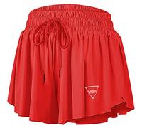 QooNoo 2 in 1 Athletic Shorts for Women Flowy Running Butterfly Shorts with Pockets High Elastic Gym Shorts Tennis Skorts, Red, M