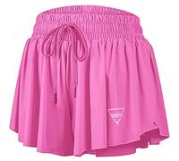 QooNoo 2 in 1 Athletic Shorts for Women Flowy Running Butterfly Shorts with Pockets High Elastic Gym Shorts Tennis Skorts, Hot Pink, M